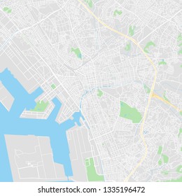 Downtown vector map of Chiba, Japan. This printable map of Chiba contains lines and classic colored shapes for land mass, parks, water, major and minor roads as such as major rail tracks.
