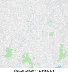 Downtown vector map of Denpasar, Indonesia. This printable map of Denpasar contains lines and classic colored shapes for land mass, parks, water, major and minor roads as such as major rail tracks.