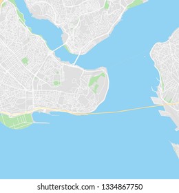 Downtown vector map of Istanbul, Turkey. This printable map of Istanbul contains lines and classic colored shapes for land mass, parks, water, major and minor roads as such as major rail tracks.