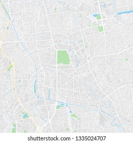 Downtown vector map of Jakarta, Indonesia. This printable map of Jakarta contains lines and classic colored shapes for land mass, parks, water, major and minor roads as such as major rail tracks.