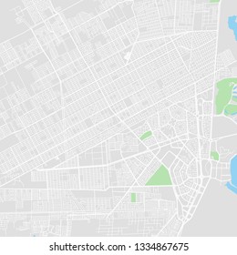 Downtown vector map of Cancún, Mexico. This printable map of Cancún contains lines and classic colored shapes for land mass, parks, water, major and minor roads as such as major rails