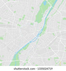 Downtown vector map of Munich, Germany. This printable map of Munich contains lines and classic colored shapes for land mass, parks, water, major and minor roads as such as major rail tracks.