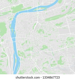 Downtown vector map of Prague, Czech Republic. This printable map of Prague contains lines and classic colored shapes for land mass, parks, water, major and minor roads as such as major rail tracks.