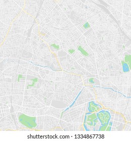 Downtown vector map of Tokyo, Japan. This printable map of Tokyo contains lines and classic colored shapes for land mass, parks, water, major and minor roads as such as major rail tracks.