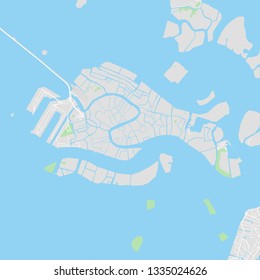 Downtown vector map of Venice, Italy. This printable map of Venice contains lines and classic colored shapes for land mass, parks, water, major and minor roads as such as major rail tracks.