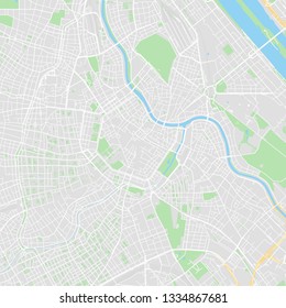 Downtown vector map of Vienna, Austria. This printable map of Vienna contains lines and classic colored shapes for land mass, parks, water, major and minor roads as such as major rail tracks.