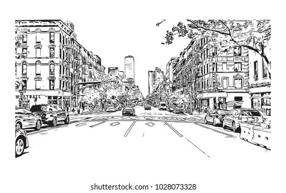 Downtown of West Side New York City, City in New York, USA. Hand drawn sketch illustration in vector.