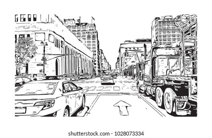 Downtown of West Side New York City, City in New York, USA. Hand drawn sketch illustration in vector.