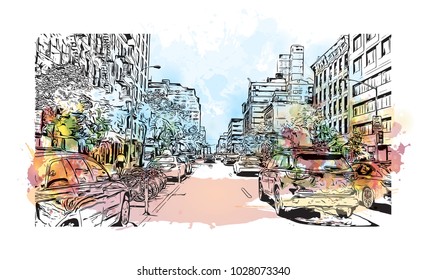 Downtown of West Side New York City, City in New York, USA. Watercolor splash with hand drawn sketch illustration in vector.