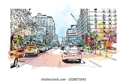 Downtown of West Side New York City, City in New York, USA. Watercolor splash with hand drawn sketch illustration in vector.