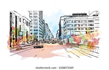 Downtown of West Side New York City, City in New York, USA. Watercolor splash with hand drawn sketch illustration in vector.