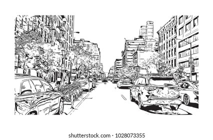 Downtown of West Side New York City, City in New York, USA. Hand drawn sketch illustration in vector.