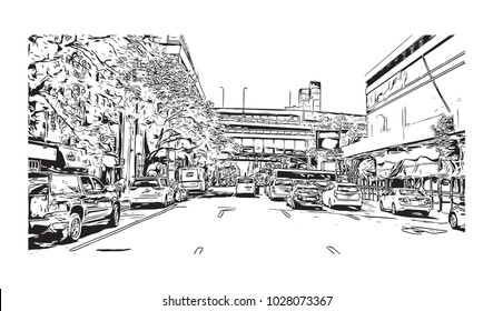 Downtown of West Side New York City, City in New York, USA. Hand drawn sketch illustration in vector.