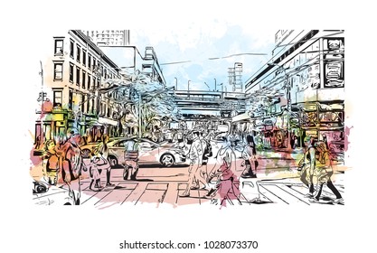 Downtown of West Side New York City, City in New York, USA. Watercolor splash with hand drawn sketch illustration in vector.