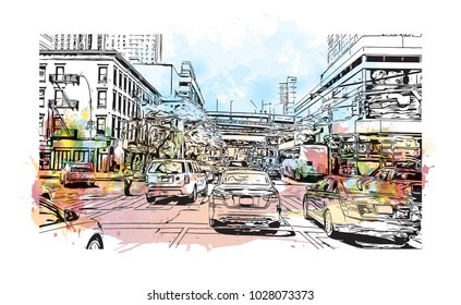 Downtown of West Side New York City, City in New York, USA. Watercolor splash with hand drawn sketch illustration in vector.