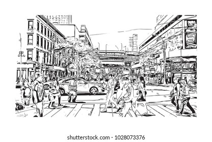 Downtown of West Side New York City, City in New York, USA. Hand drawn sketch illustration in vector.