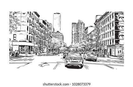 Downtown of West Side New York City, City in New York, USA. Hand drawn sketch illustration in vector.