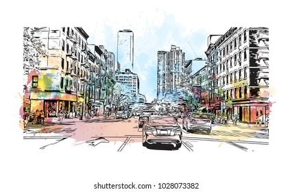 Downtown of West Side New York City, City in New York, USA. Watercolor splash with hand drawn sketch illustration in vector.
