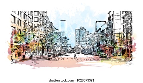 Downtown of West Side New York City, City in New York, USA. Watercolor splash with hand drawn sketch illustration in vector.