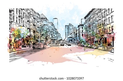 Downtown of West Side New York City, City in New York, USA. Watercolor splash with hand drawn sketch illustration in vector.