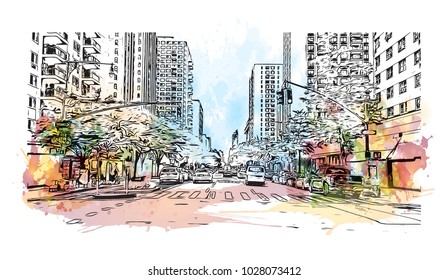 Downtown of West Side New York City, City in New York, USA. Watercolor splash with hand drawn sketch illustration in vector.