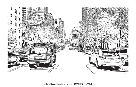 Downtown of West Side New York City, City in New York, USA. Hand drawn sketch illustration in vector.