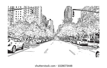 Downtown of West Side New York City, City in New York, USA. Hand drawn sketch illustration in vector.