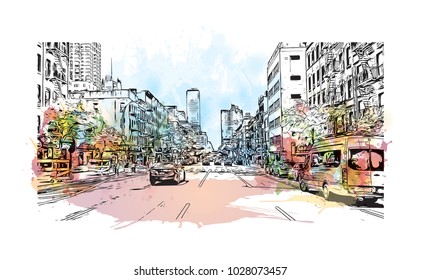 Downtown of West Side New York City, City in New York, USA. Watercolor splash with hand drawn sketch illustration in vector.