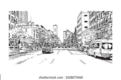 Downtown of West Side New York City, City in New York, USA. Hand drawn sketch illustration in vector.