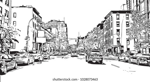 Downtown of West Side New York City, City in New York, USA. Hand drawn sketch illustration in vector.