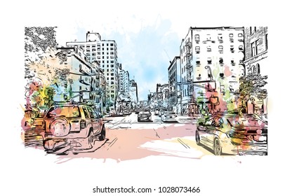 Downtown of West Side New York City, City in New York, USA. Watercolor splash with hand drawn sketch illustration in vector.