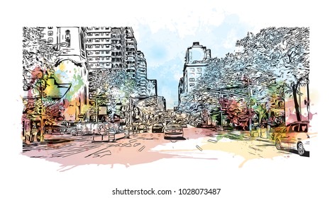 Downtown of West Side New York City, City in New York, USA. Watercolor splash with hand drawn sketch illustration in vector.