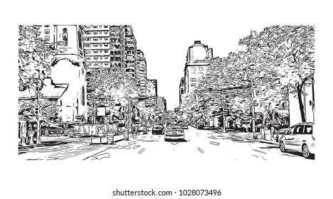 Downtown of West Side New York City, City in New York, USA. Hand drawn sketch illustration in vector.