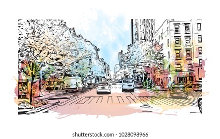 Downtown of West Side New York City, City in New York, USA. Watercolor splash with hand drawn sketch illustration in vector.