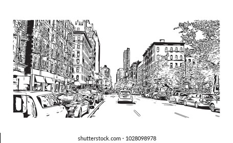 Downtown of West Side New York City, City in New York, USA. Hand drawn sketch illustration in vector.