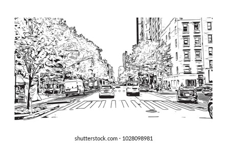 Downtown of West Side New York City, City in New York, USA. Hand drawn sketch illustration in vector.