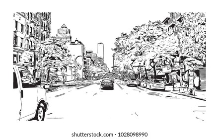 Downtown of West Side New York City, City in New York, USA. Hand drawn sketch illustration in vector.