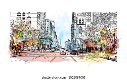 Downtown of West Side New York City, City in New York, USA. Watercolor splash with hand drawn sketch illustration in vector.