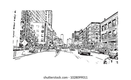 Downtown of West Side New York City, City in New York, USA. Hand drawn sketch illustration in vector.