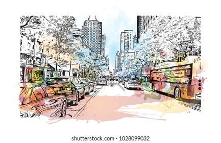 Downtown of West Side New York City, City in New York, USA. Watercolor splash with hand drawn sketch illustration in vector.