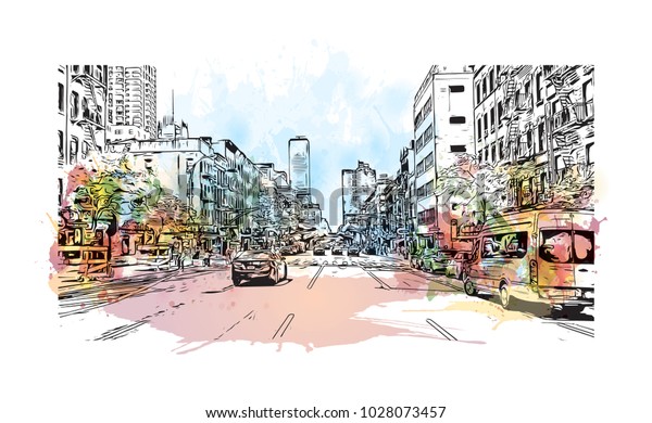 Downtown of West Side New York City, City in New\
York, USA. Watercolor splash with hand drawn sketch illustration in\
vector.