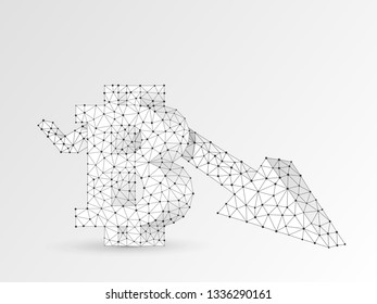 Downtrend arrow Bitcoin chart wireframe digital 3d illustration. Low poly business, data cash, and finance concept with lines, dots on white background. Vector polygonal origami cryptocurrency sign