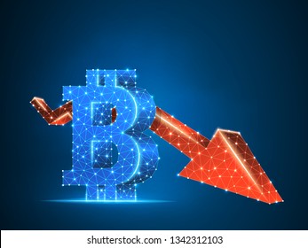 Downtrend arrow Bitcoin chart wireframe digital 3d illustration. Low poly business, data cash, and finance concept with lines, dots on blue background. Vector polygonal neon cryptocurrency sign