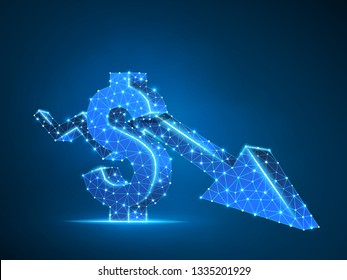 Downtrend arrow chart. Business Technological polygonal USD dollar Vector neon illustration. Low poly success, data cash, finance concept. Connection wireframe mesh structure on blue background in RGB