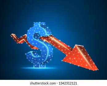 Downtrend arrow chart. Business Technological polygonal USD dollar Vector neon illustration. Low poly success, data cash, finance concept. Connection wireframe mesh structure on blue background in RGB
