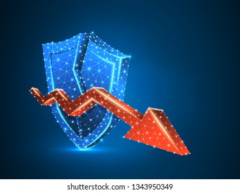 Downtrend arrow on broken Security shield abstract neon 3d illustration. Polygonal Vector business concept of market crash. Low poly wireframe, triangles, lines, dots, polygons on blue background