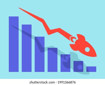 Downtrend chart with red rocket down. The concept of a business crisis or stock
