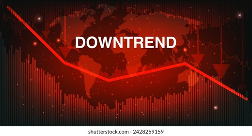 Downtrend global stock market candle stick bar chart falling down concept. Red Bar chart and red down arrow with falling meteors. Vector illustration