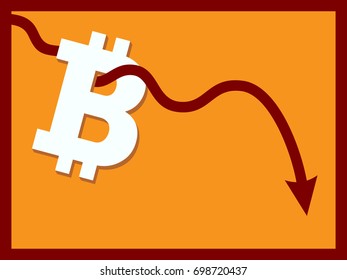 Downtrend line arrow breaking through bitcoin sign on orange color background color background vector flat icon design