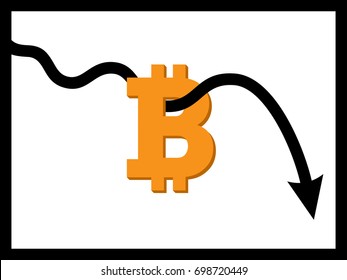 Downtrend line arrow breaking through bitcoin sign on white color background vector flat icon design